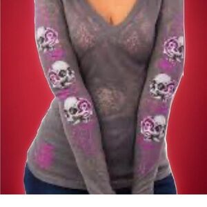 Lethal Threat Womens size Med purple and greyTop  biker roses skull NWT